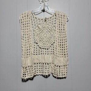 Liz Claiborne Crochet Vest Cream LXL Open Front‎ Boho Festival